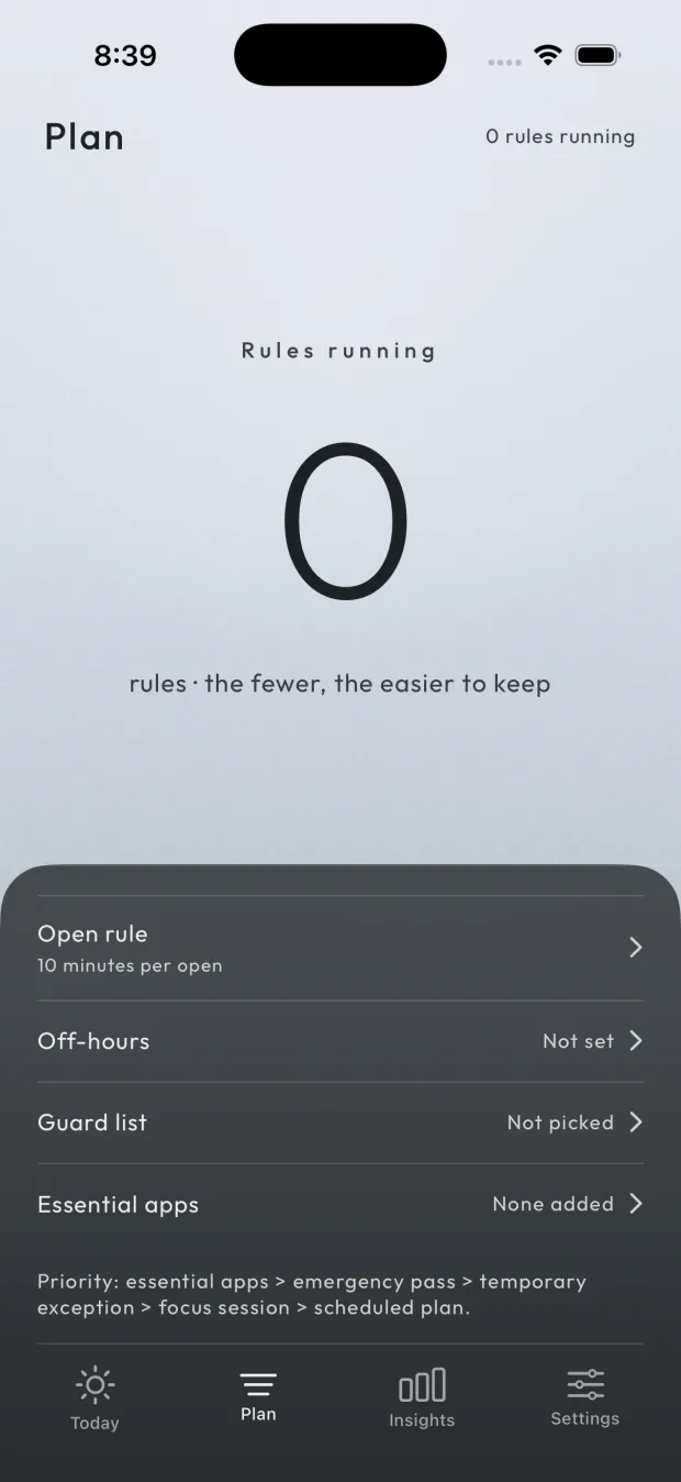 ByIntent’s Plan screen in English: the number of running rules, then rows for the open rule, off-hours, the guard list and essential apps, with the priority order printed underneath.