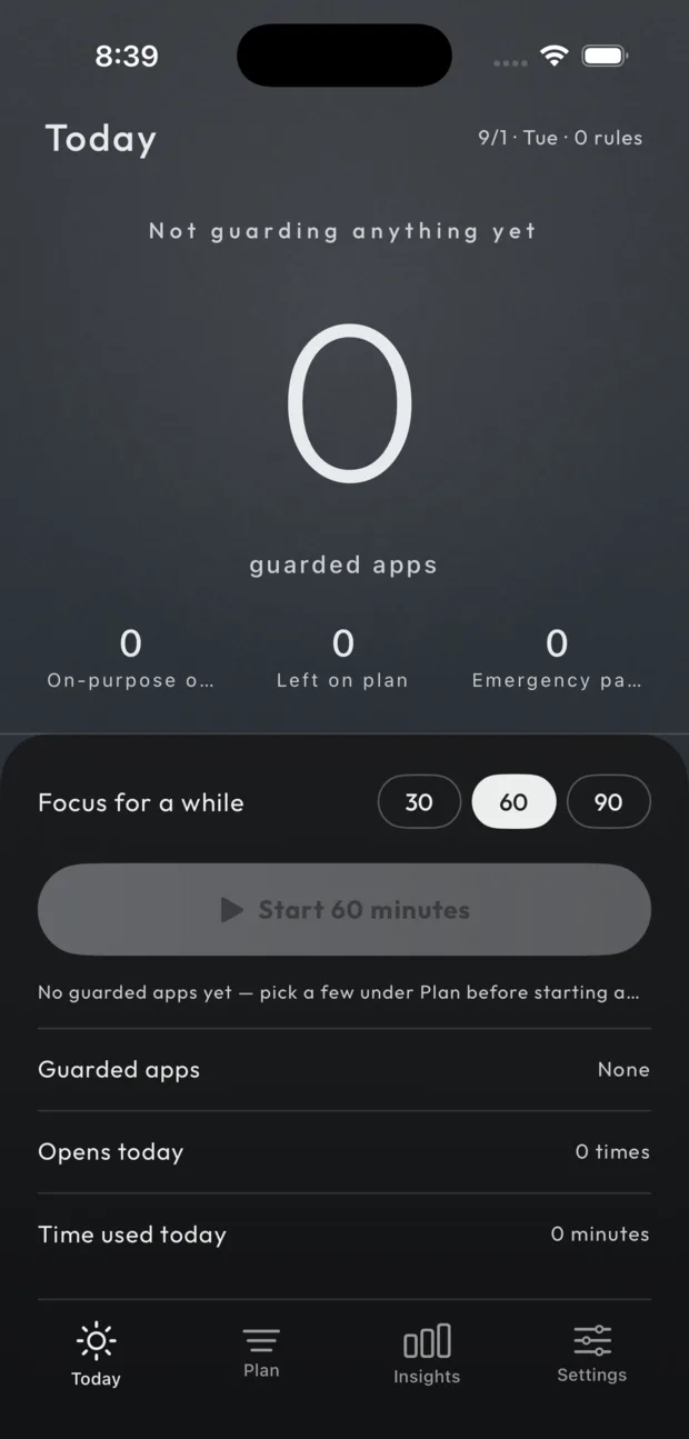 The same Today screen in the dark appearance: identical layout, the palette’s dark set of values.