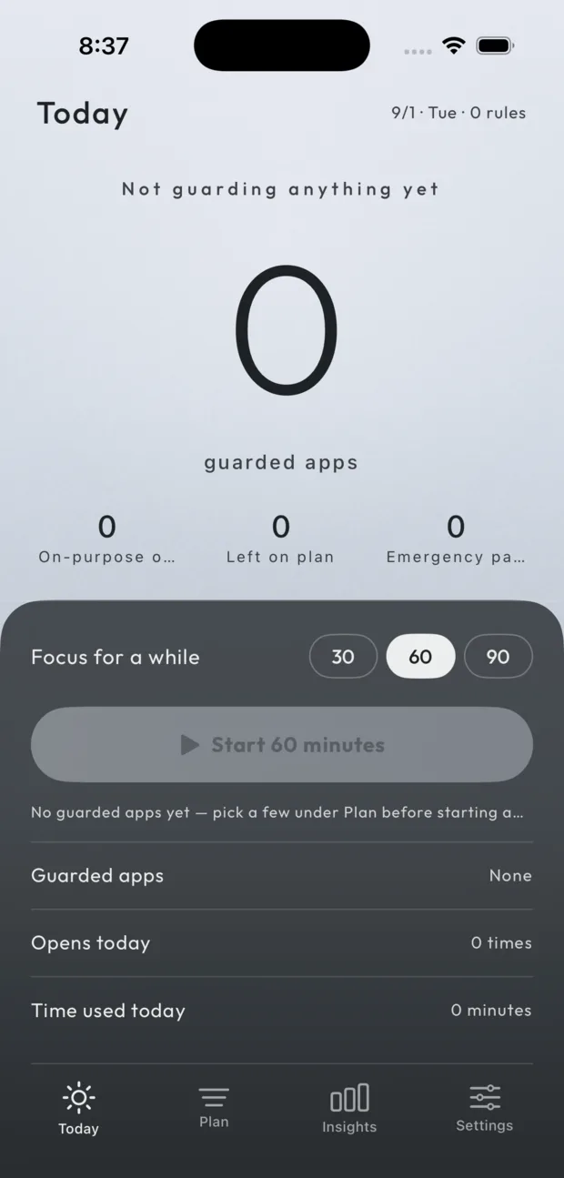 ByIntent’s Today screen in English on first launch: “Not guarding anything yet”, a large zero, three counters at zero, and a drawer with focus lengths of 30, 60 and 90 minutes.